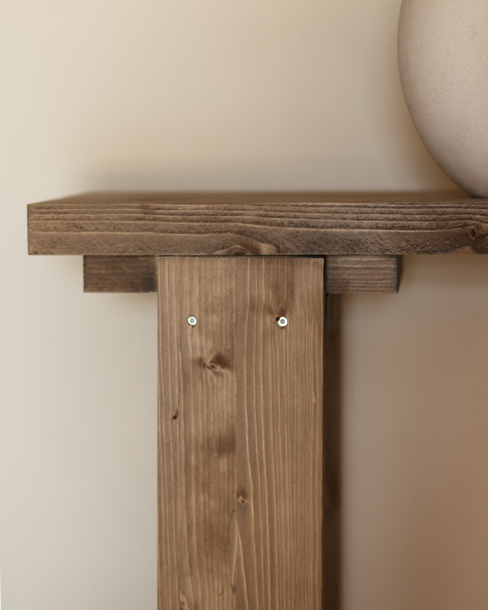 Solid dark oak wooden console table measuring 120x84cm.