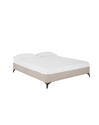 Upholstered light gray bouclé base for mattress of various sizes.