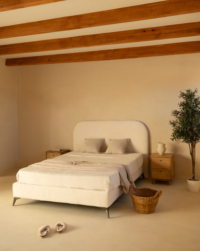 Upholstered bed base in white bouclé for mattresses of various sizes