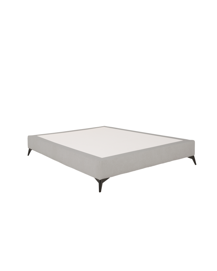 Upholstered light gray bouclé base for mattress of various sizes.