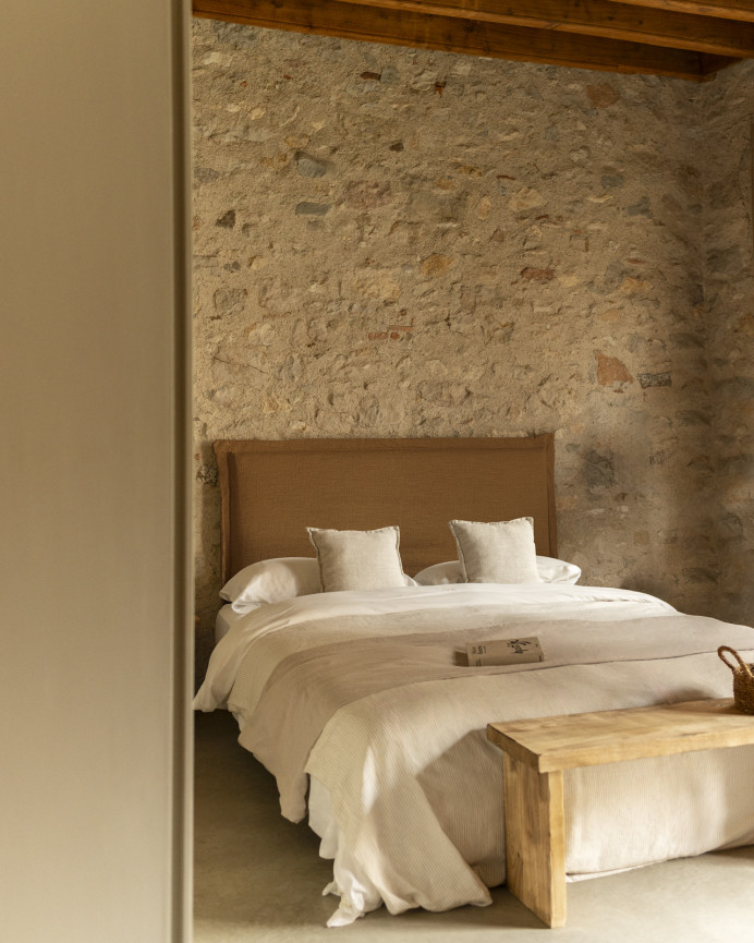 Linen headboard cover in terracotta available in various sizes.