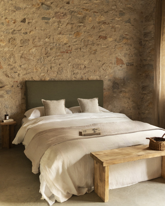 Green linen headboard cover available in various sizes.