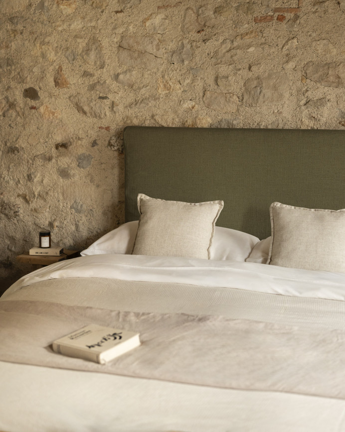 Green linen headboard cover available in various sizes.