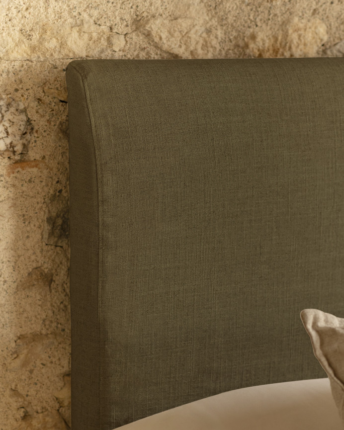 Green linen headboard cover available in various sizes.