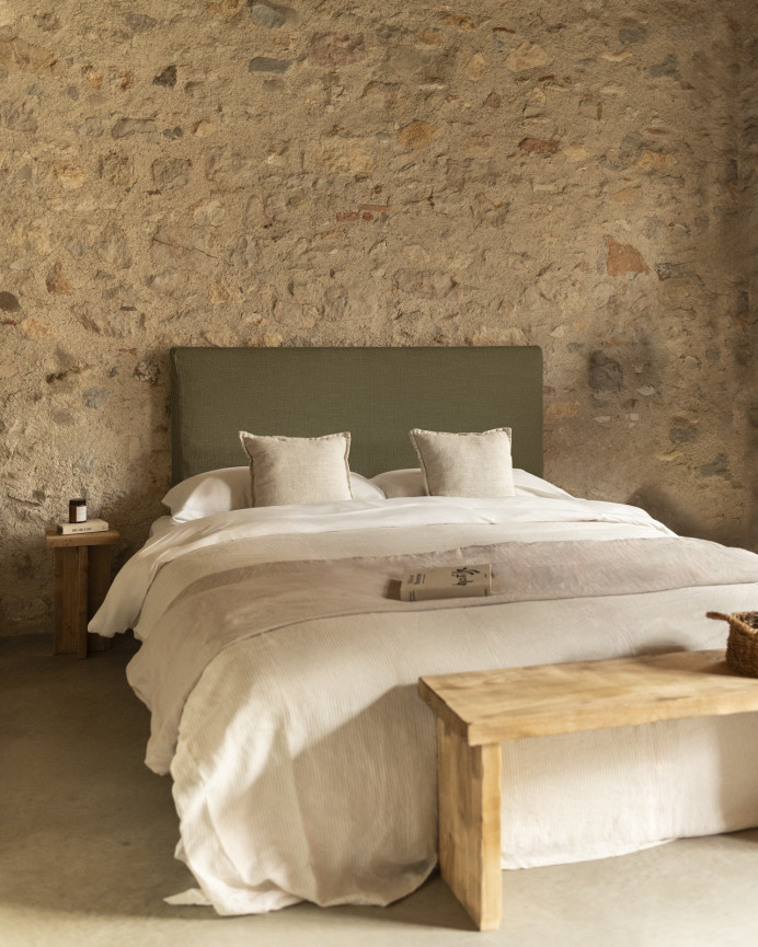 Green linen headboard cover available in various sizes.