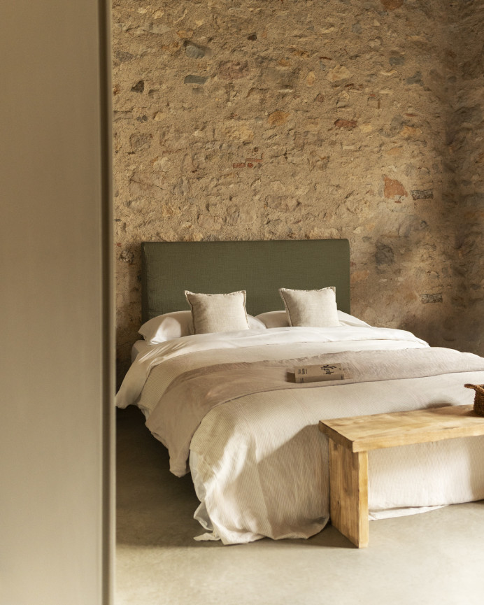 Green linen headboard cover available in various sizes.