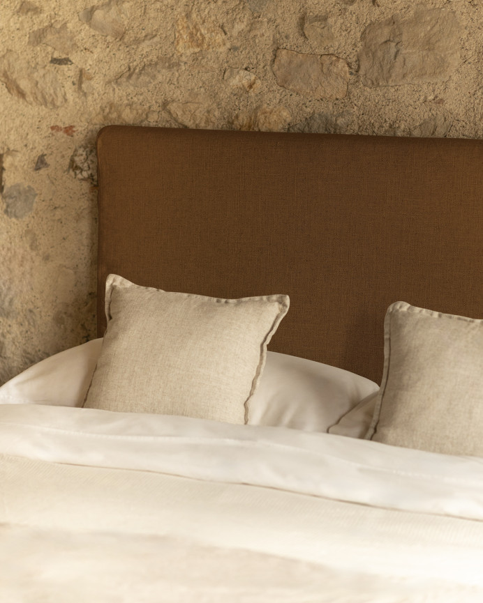 Linen headboard cover in terracotta available in various sizes.