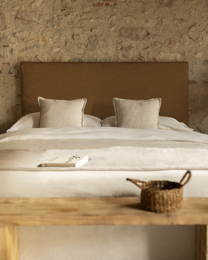 Linen headboard cover in terracotta available in various sizes.