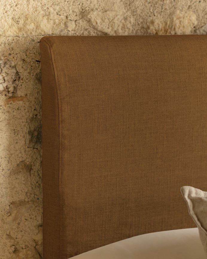 Linen headboard cover in terracotta available in various sizes.