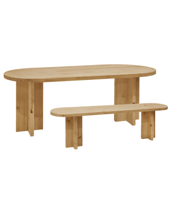 Pack oval dining table and solid wood bench in medium oak tone in various sizes