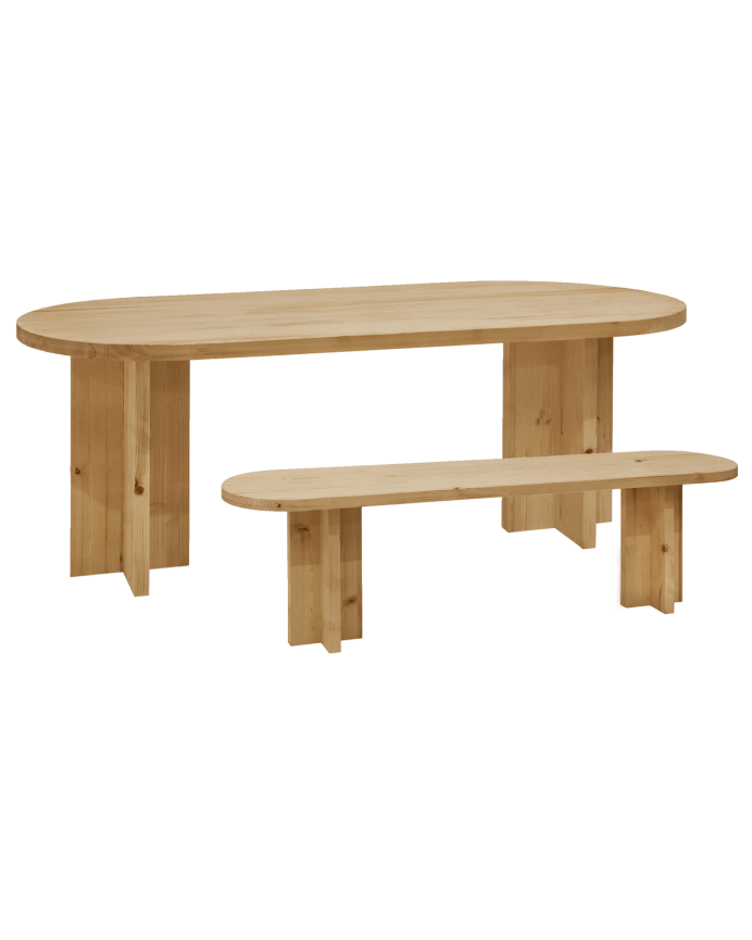 Pack oval dining table and solid wood bench in medium oak tone in various sizes