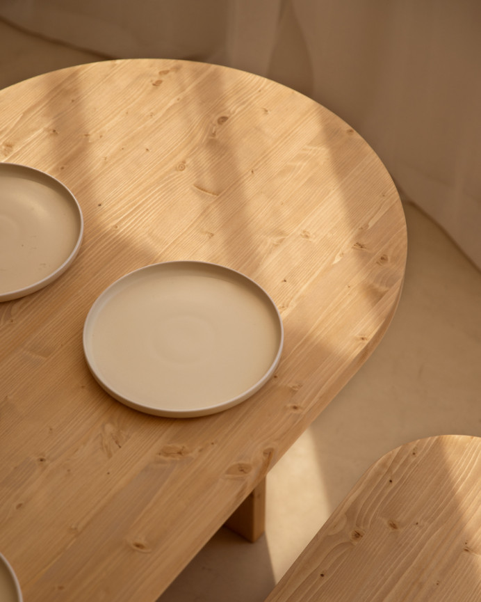Pack oval dining table and solid wood bench in medium oak tone in various sizes