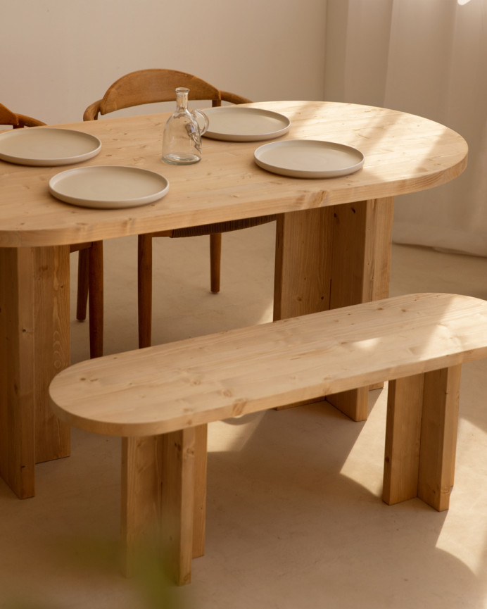 Pack oval dining table and solid wood bench in medium oak tone in various sizes