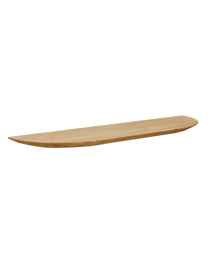 Rounded solid wood floating shelf in medium oak tone, various sizes.