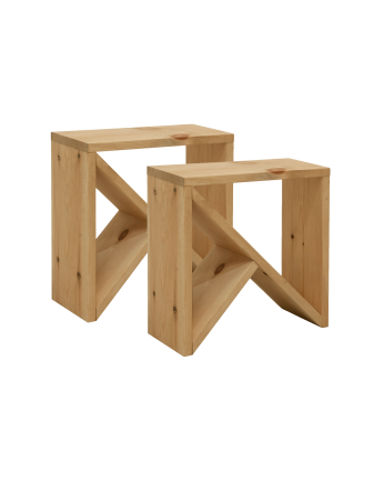 Pack 2 solid wood bedside tables in medium oak tone of various sizes.
