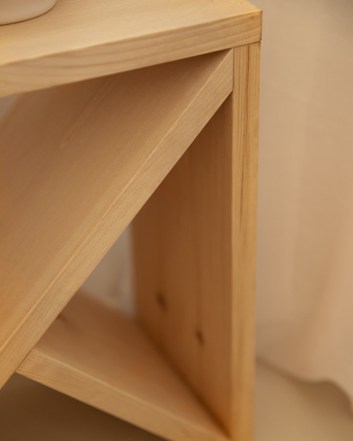 Pack 2 solid wood bedside tables in medium oak tone of various sizes.