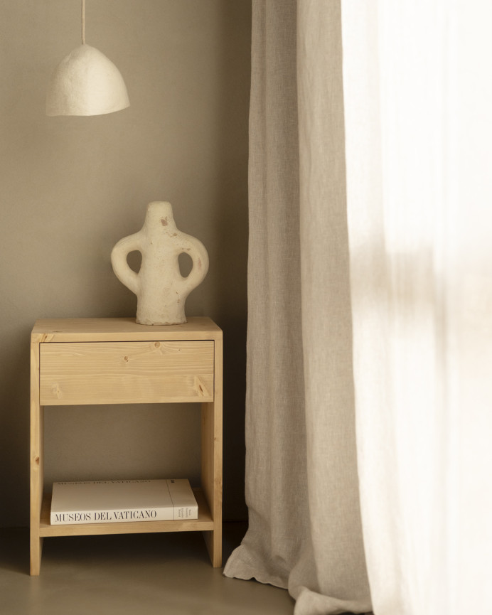 Set of 2 solid wood side tables with a drawer in a medium oak tone in various sizes.