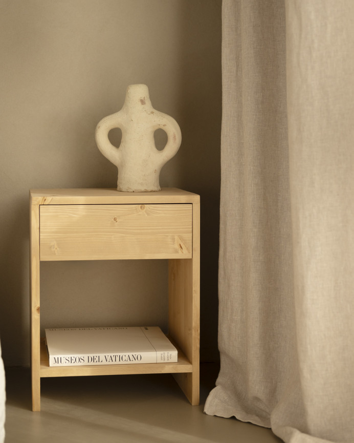 Set of 2 solid wood side tables with a drawer in a medium oak tone in various sizes.