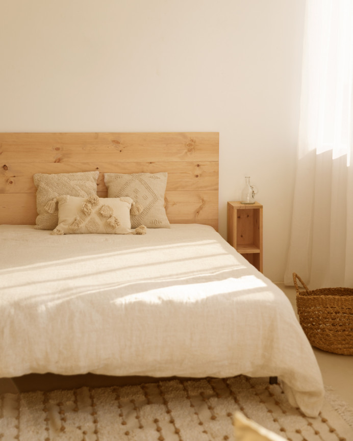 Pack solid wood headboard and bedside tables in medium oak tone in various sizes