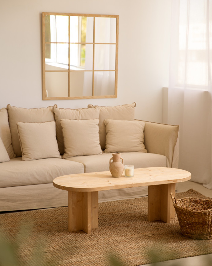Solid wood coffee table in medium oak tone measuring 120x50cm.