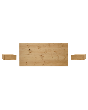 Pack solid wood headboard and floating nightstands in medium oak tone in various sizes.