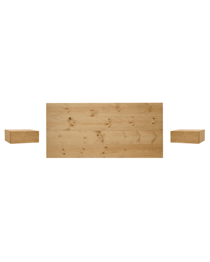 Pack solid wood headboard and floating nightstands in medium oak tone in various sizes.