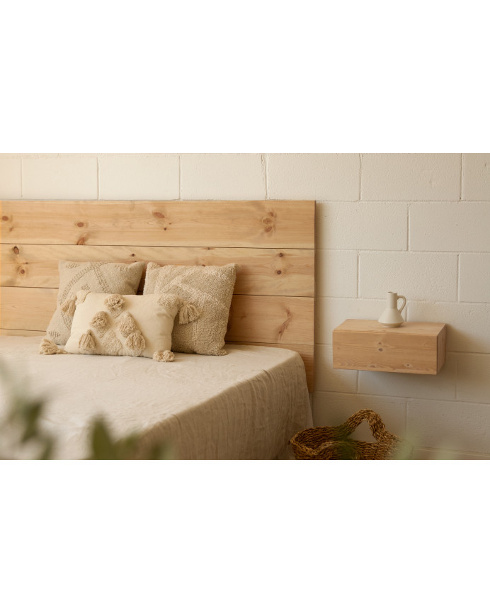 Pack solid wood headboard and floating nightstands in medium oak tone in various sizes.