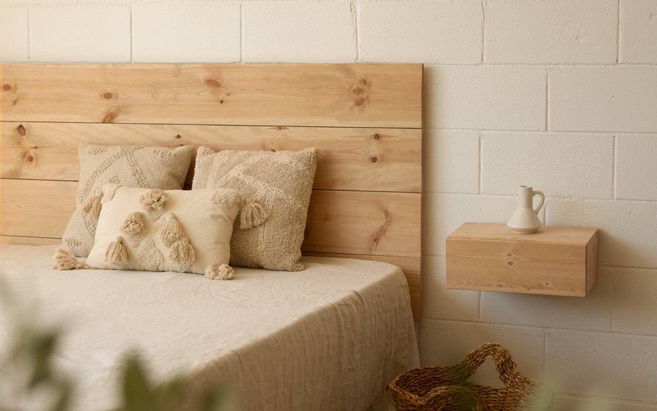 Pack solid wood headboard and floating nightstands in medium oak tone in various sizes.