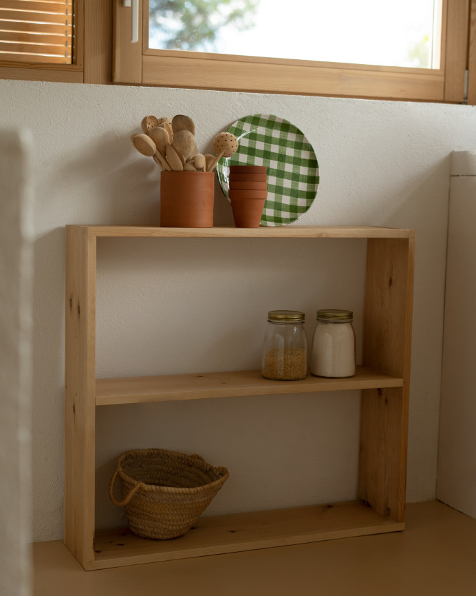 Solid oak medium tone wooden shelving unit with 1 shelf
