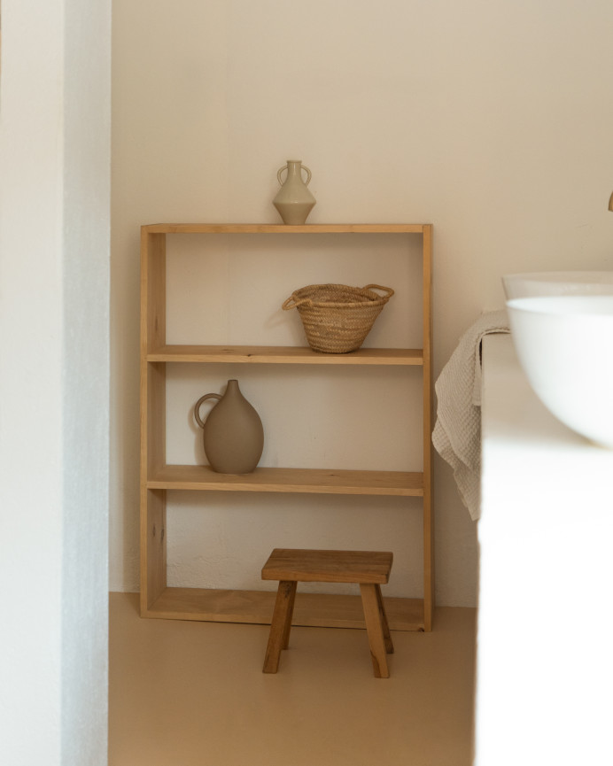 Solid wood shelving unit in medium oak tone with 2 shelves