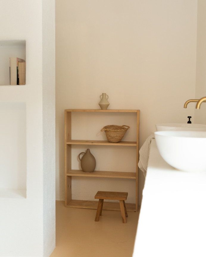 Solid wood shelving unit in medium oak tone with 2 shelves