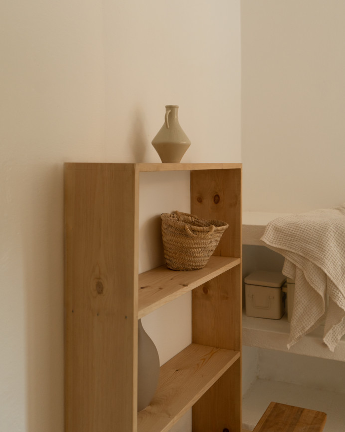Solid wood shelving unit in medium oak tone with 2 shelves
