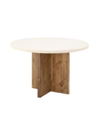 Round dining table made of white microcement with dark oak wood legs in various sizes.