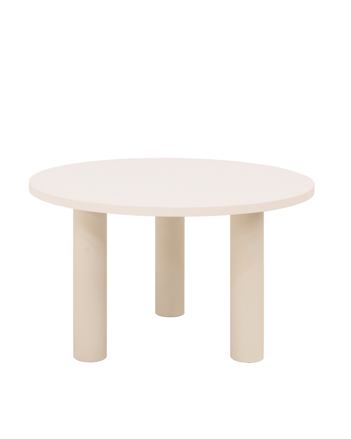 Round dining table made of microcement in off-white tone, available in various sizes.