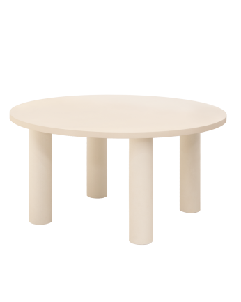 Round dining table made of microcement in a light off-white tone, available in various sizes.