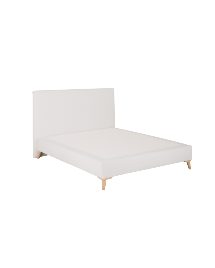 Upholstered bed covered in white linen for a mattress of various sizes