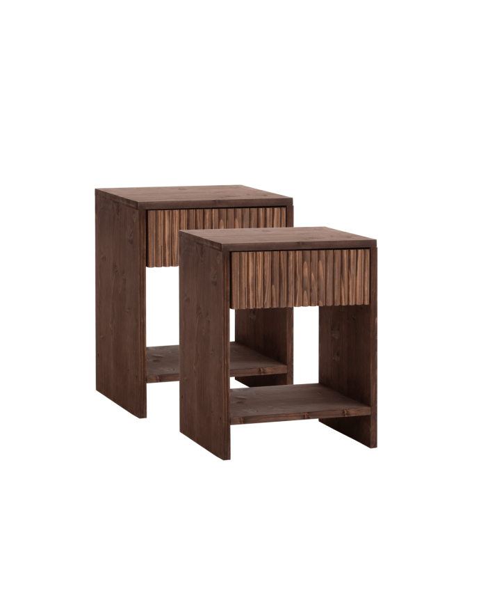 Set of 2 solid wood bedside tables with a walnut-tone drawer in various sizes.