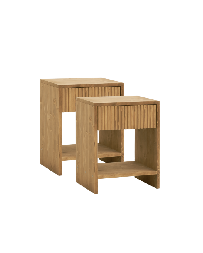 Set of 2 solid wood bedside tables with a drawer in a medium oak tone in various sizes