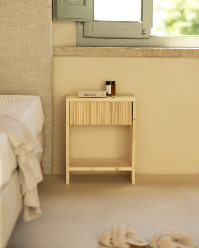 Set of 2 solid wood bedside tables with a single drawer in a natural tone, available in various sizes.