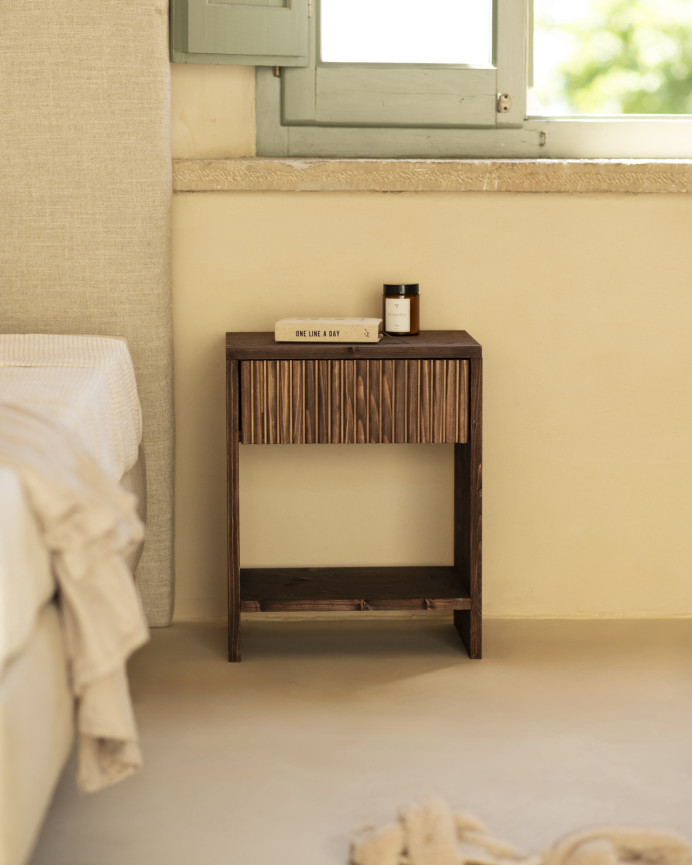 Set of 2 solid wood bedside tables with a walnut-tone drawer in various sizes.