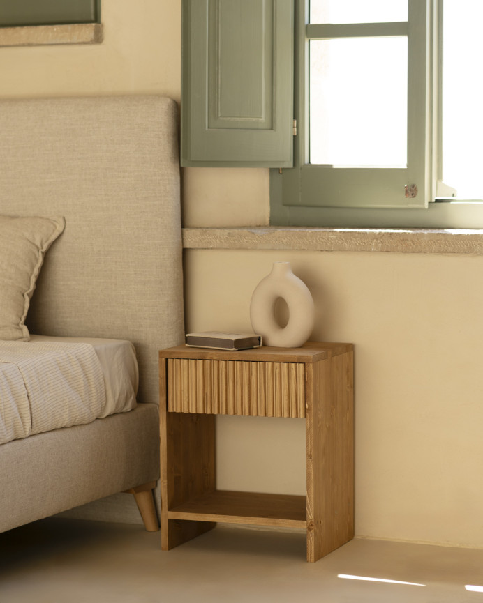 Set of 2 solid wood bedside tables with a drawer in a medium oak tone in various sizes