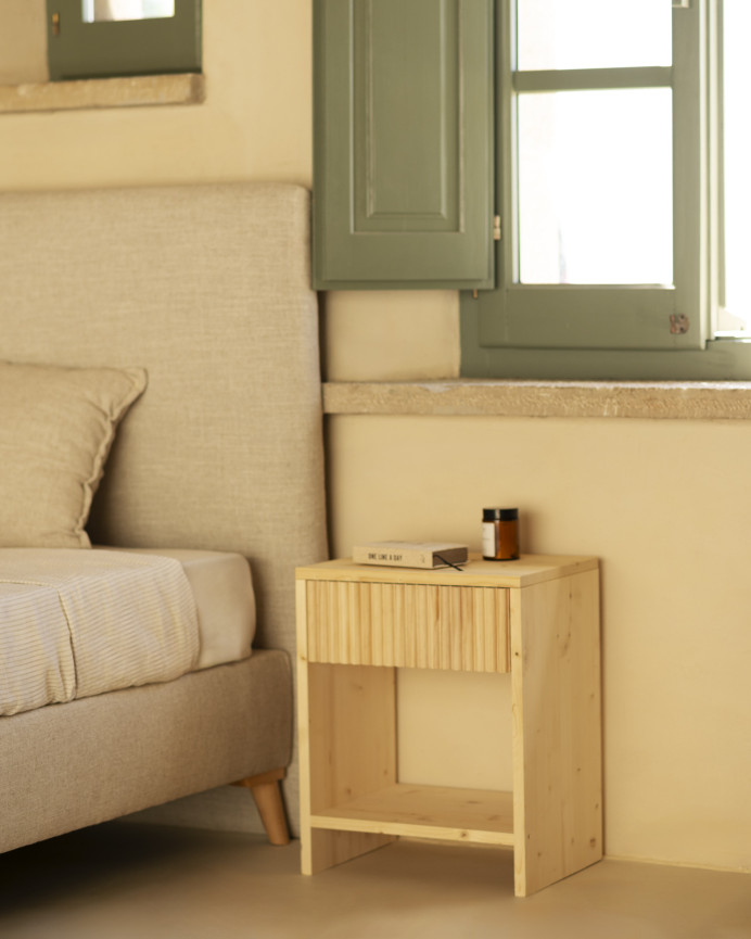 Set of 2 solid wood bedside tables with a single drawer in a natural tone, available in various sizes.