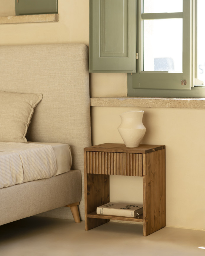 Set of 2 solid wood bedside tables with a drawer in a dark oak tone in various sizes