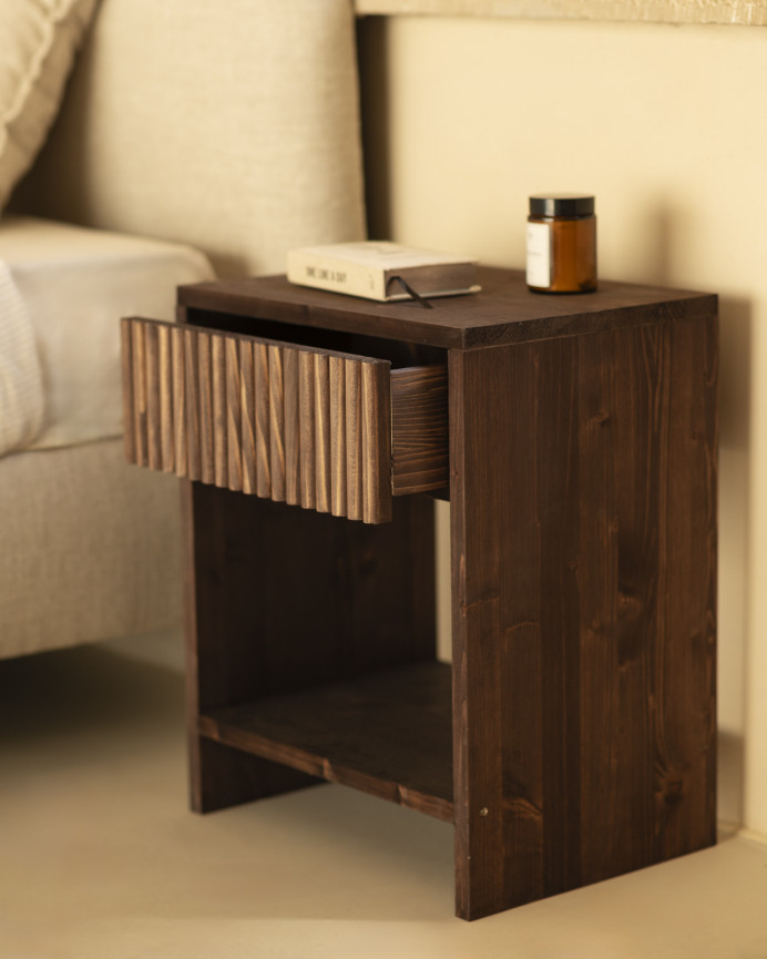 Set of 2 solid wood bedside tables with a walnut-tone drawer in various sizes.