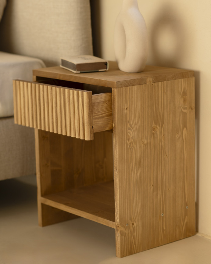 Set of 2 solid wood bedside tables with a drawer in a medium oak tone in various sizes