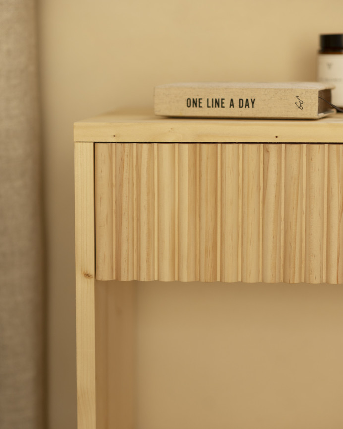 Set of 2 solid wood bedside tables with a single drawer in a natural tone, available in various sizes.