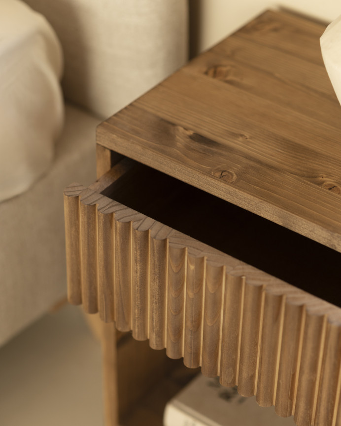 Set of 2 solid wood bedside tables with a drawer in a dark oak tone in various sizes