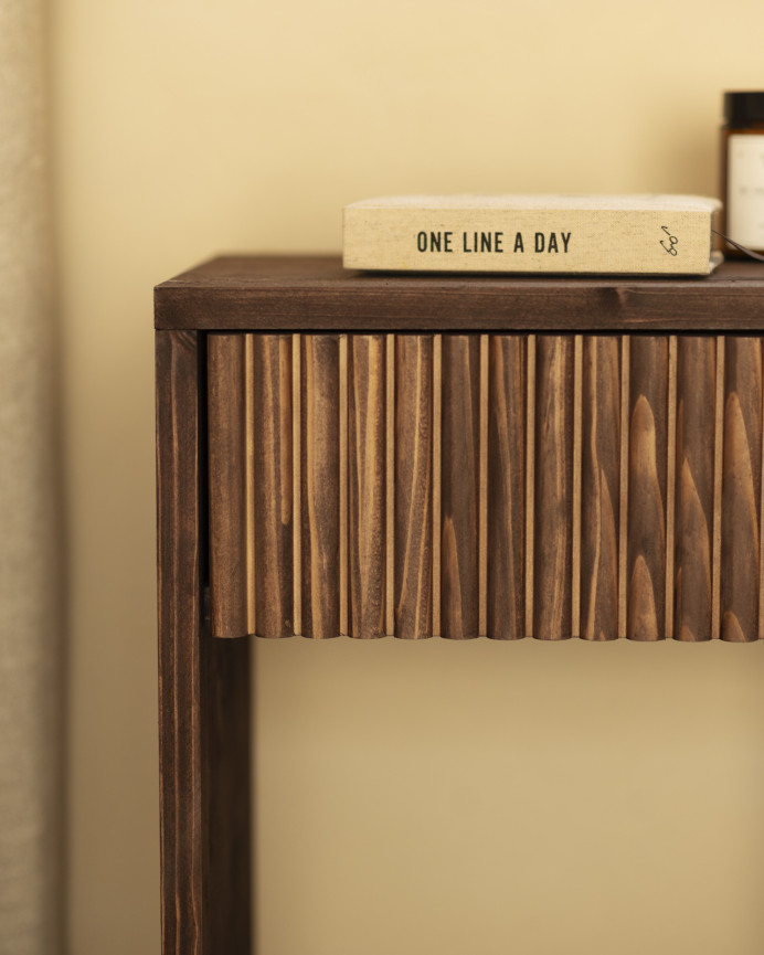 Set of 2 solid wood bedside tables with a walnut-tone drawer in various sizes.