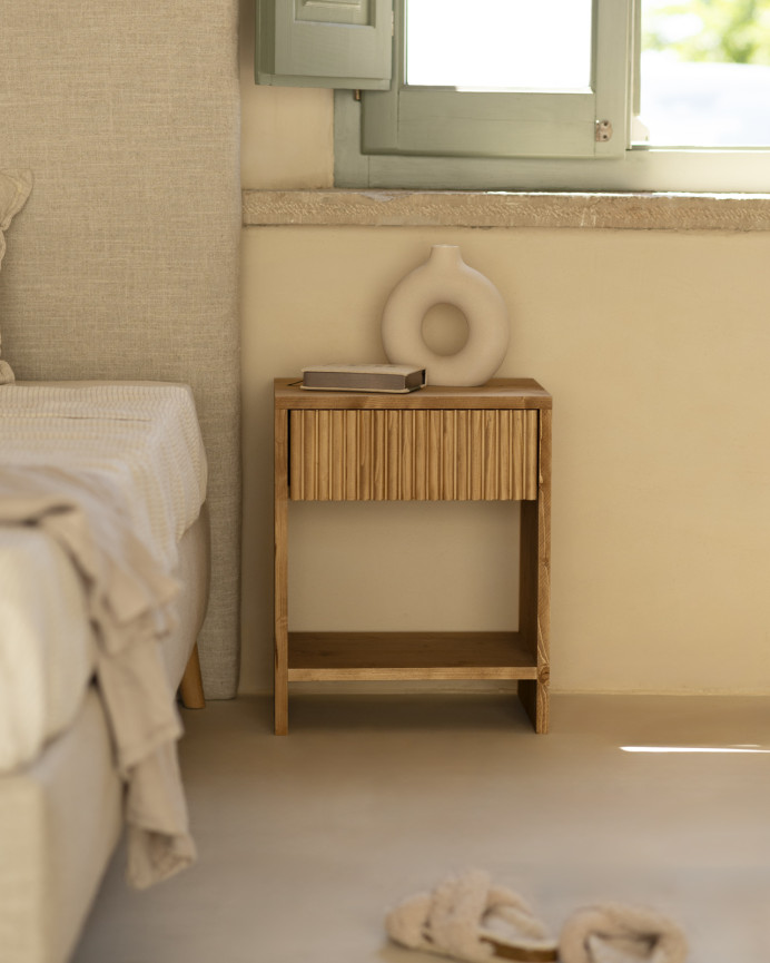 Set of 2 solid wood bedside tables with a drawer in a medium oak tone in various sizes
