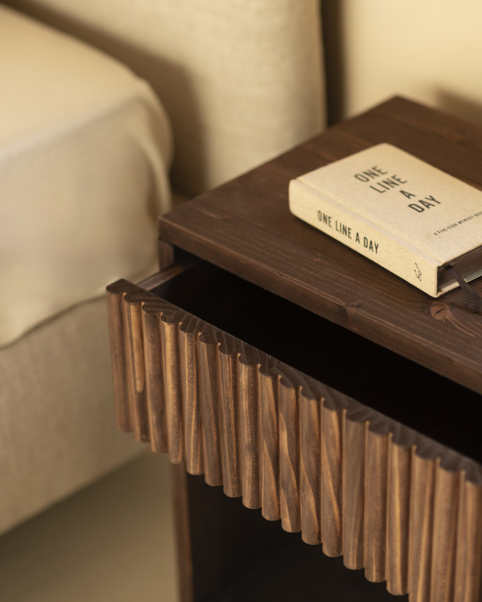 Set of 2 solid wood bedside tables with a walnut-tone drawer in various sizes.